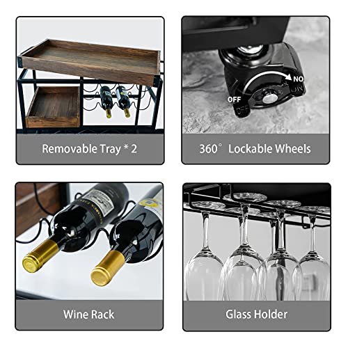 Ohsuaniy Bar Cart Industrial Kitchen Serving Carts For Home 3 Tier Storage Trolley With Wine Rack Glasses Holder Two Portable Trays Universal Casters With Brakes Rustic Rolling Cart Alcoholic Beverage #TOP5
