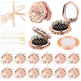 12 Set Rose Compact Pocket Mirror Brush Bulk Wedding Quinceanera Party Favors for Guests Including Rose Pocket Mirror Brush Thank You Tags Clear Boxes with Ribbons for Bridal Shower Souvenir Gift