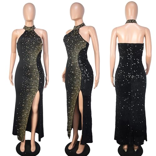 Image of Jigfar Women Sexy Elegant Rhinestone Mesh See Through Party Club Night Split Bodycon Formal Maxi Dress