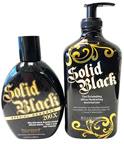 2-PACK Millennium Tanning SOLID BLACK SPECIAL RESERVE 200X Bronzer 13.5 oz & SOLID BLACK TAN EXTENDER Moisturizer Lotion 18.25 oz