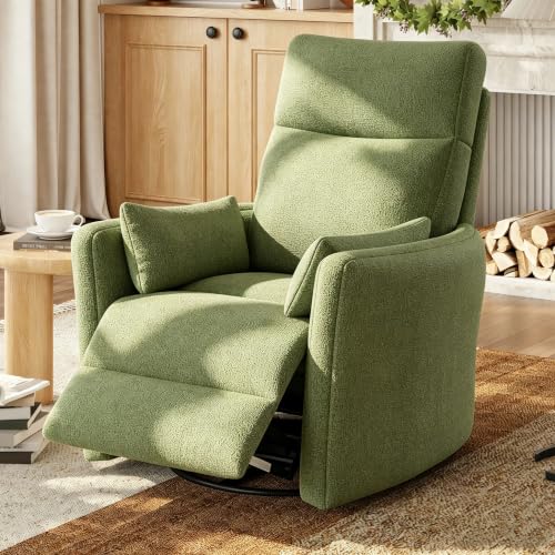 LINSY 360 Swivel Recliner Chair, Nursery Glider Rocking Chair with 2 Pillows, Chenille Nursing Chair Comfy High Back Adult Rocker Recliner for Small Spaces, Nursery Bedroom Living Room (Light Green) by LINSY - Used condition - US$286.44
