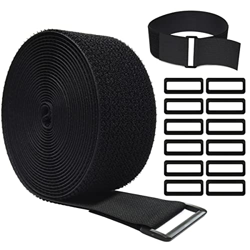 Image of 16Ft x 2In Adjustable Cable Straps with 12 Buckles, Free Cut Length, Black Reusable Fastening Cable Ties, Hook and Loop Securing Strap for Cable Tidy, Wire Management, Cord Organiser, Black