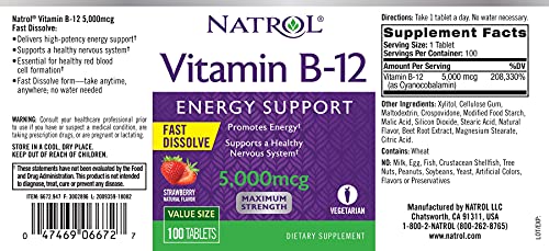 Vitamina B12 Natrol Fast Dissolve 5mcg Energy Support 100 Capsulas Sabor Morango