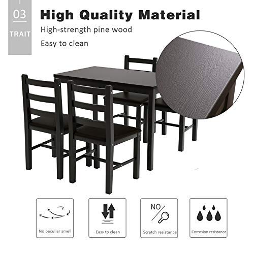 image for Mecor 5-Piece Wood Kitchen Dining Table Set, Pine Wood Table w/ 4 PU L