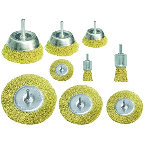 Proteco-Werkzeug® Set 9 tlg Drahtbürste Drahtbürsten mit Einspannschaft 6 mm für Bohrmaschine Topfbürste Rundbürste Pinselbürste, vermessingter Stahldraht