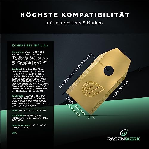 RASENWERK® - Hochwertige Ersatzmesser für Mähroboter - Kompatibel mit Husqvarna, Gardena, Yard Force mit innovativen Schrauben - Universal Ersatzklingen – Rasenroboter Messer Messerset – 12 Stk.