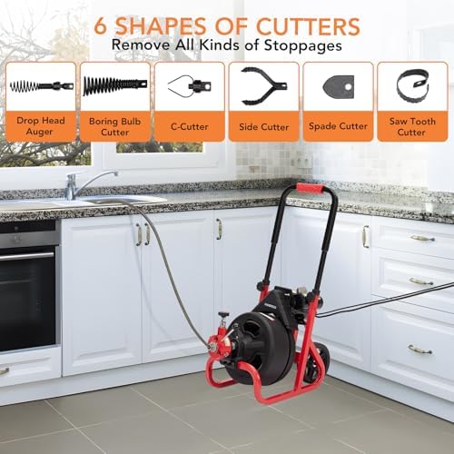 Electric Drain Cleaner Machine with Air-Activated Foot Switch, 6 Cutters, 3/8" x 100ft Heavy Duty Cable, Ideal for 1-4 Inch Pipes, Perfect for Home & Commercial Use.