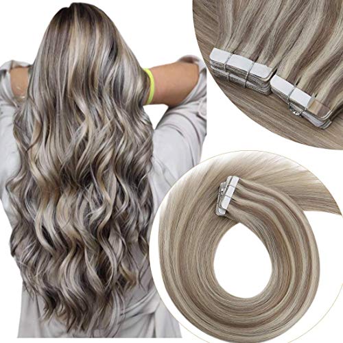VeSunny 14inch Tape in Remy Hair Extensions Highlight Blonde Silky Straight 20pcs/50g #20 Dirty Blonde Mixed with #60 Platinum Blonde Tape on Human Hair Extensions Real Hair 20pcs 50Gram