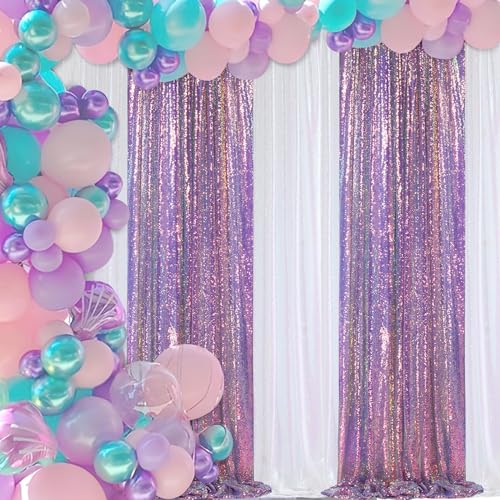 Image of SoarDream Mermaid Purple Sequin Backdrop 6 Pcs 2ftx8ft Glitter Backdrop Curtains for Mermaid Themed Birthday Christmas Party Decorations