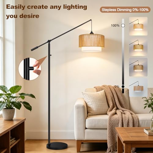 Image of 【Upgraded】Boho Dimmable Floor Lamps with Adjustable Swing Arm, 1100 Lumens Bulb Included, Modern Standing Lamp with Rattan & Fabric Shades, Farmhouse Tall Arc Floor Lamp for Living Room Bedroom, Black