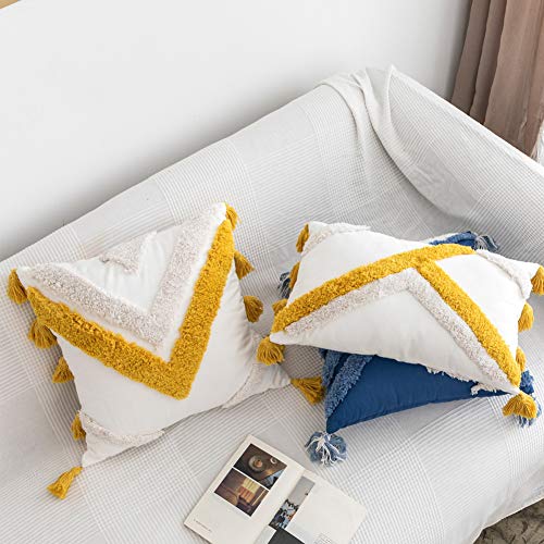 Vctops Geometric Embroidery Tufted Lumbar Throw Pillow Covers 12X20 Inch Farmhouse Cotton Canvas Woven Tufted Tassel Cushion Covers Home Decor (Mustard Yellow,12"X20") #TOP3