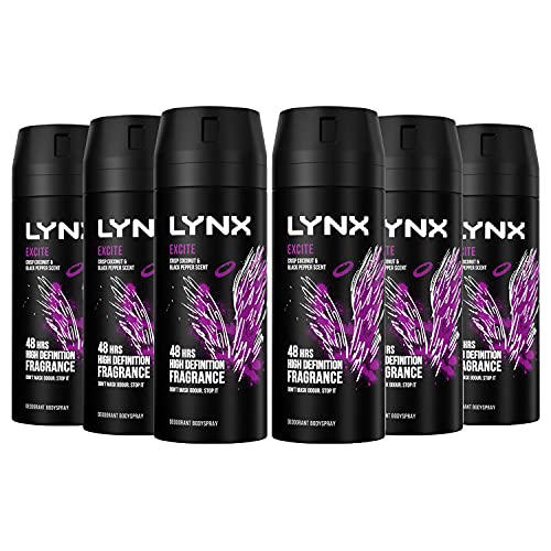 6 Pack of 150ml Lynx Excite 48 hrs High Definition Fragrance Crisp Coconut & Black Pepper Scent Deodorant Body spray
