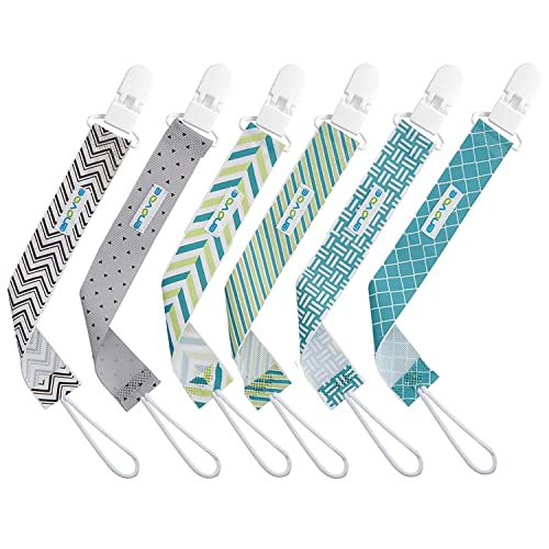 Pacifier Clip by Enovoe - 6 Pack of Pacifier Clips - Stylish Teething Ring Pacifier Holder Clip for Baby Boys and Girls - Multicolor - binkie Clip Baby Pacifier