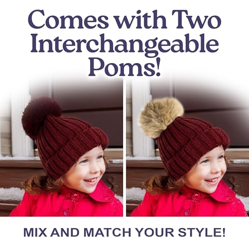 Funky Junque Toddler Winter Hat with Detachable Pom Poms, Warm Knitted Beanie Cap, Stretchy Fit for Girls and Boys Ages 1-62