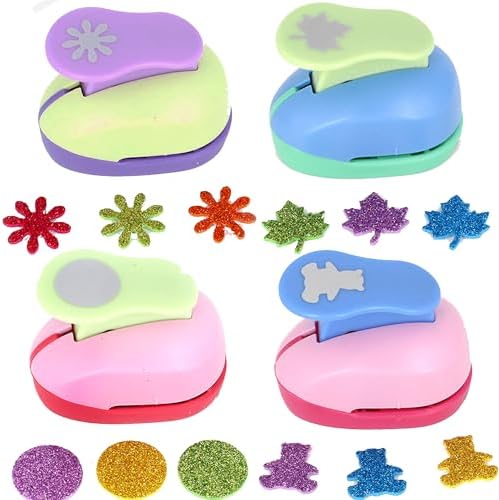 XUBX 4 Pcs Crafts Punch Set, Craft Hole Punch Little bear, Round, Flower, Maple leaf Embossing Device, Scrapbooking Punches for Creatively Kids Artwork Greeting Card Making DIY Crafts Photo Album