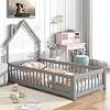 Twin House Shaped Headboard Floor Bed with FenceGrey