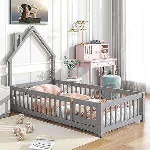 Twin House-Shaped Headboard Floor Bed with Fence,Grey Twin House Shaped Headboard Floor Bed with FenceGrey