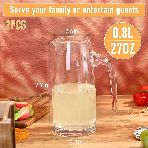 Dandat 2 Pcs Glass Water Pitcher with Spout Lemonade Pitcher Elegant Serving Carafe for Water, Juice, Tea, Sangria, and Cocktails Clear Glass Beverage Containers (27 oz)