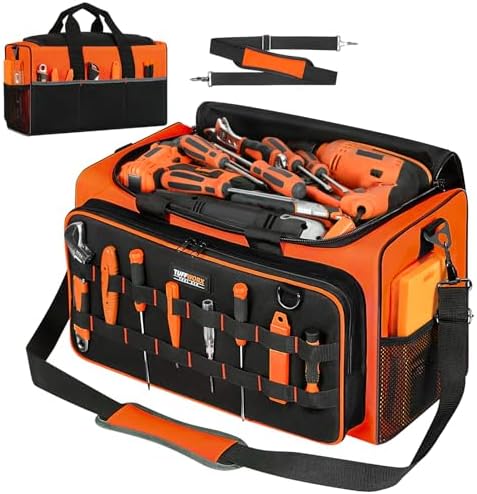 TUFFWORX Tool Bag with 14 Pockets, 49 x 30 x 27cm, Heavy Duty 600D Fabric, Black and Orange