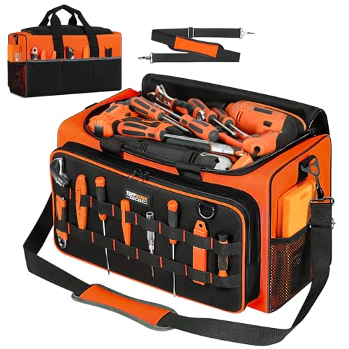 TUFFWORX Large Tool Bag with Multiple Pockets, 50 x 27 x 30 CM, Heavy Duty Electrician Tool Bags with Adjustable Shoulder Strap, Multi-functional Tool Storage Organiser, Orange/Black