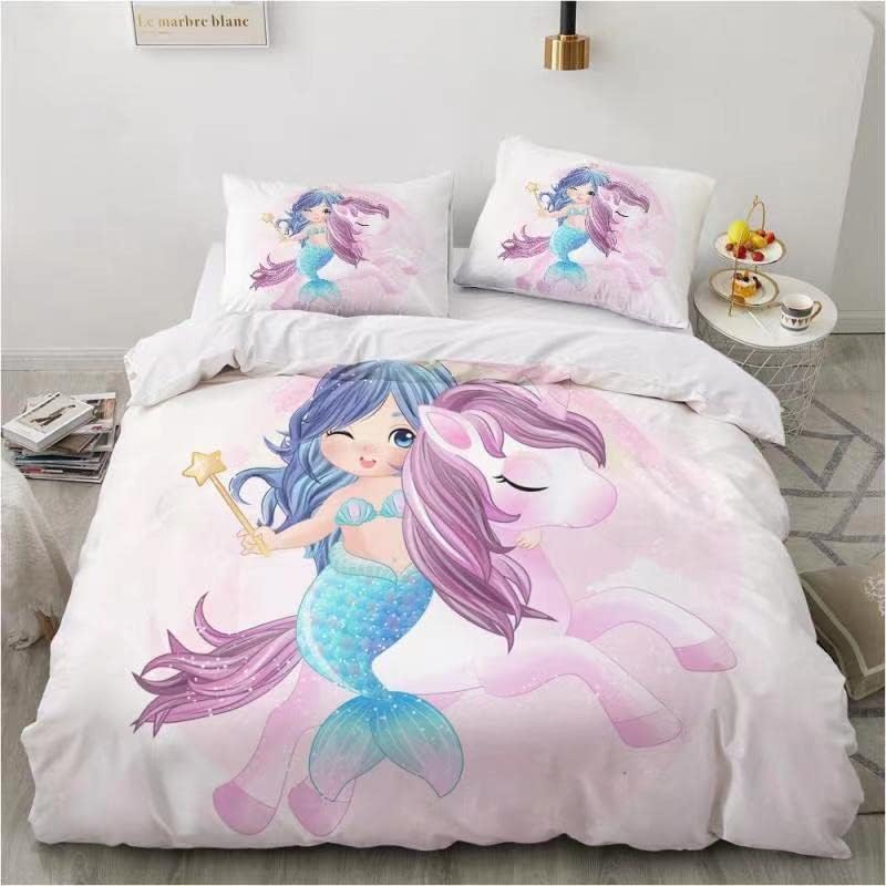 Mermaid Bedding Double Set Pink Girls Duvet Cover with 2 Pillowcases Unicorn Kids Beddings Microfiber Quilt Cover Lovely Bedroom Accessories Gifts Ultra Soft & Zipper Closure, 200x200cm