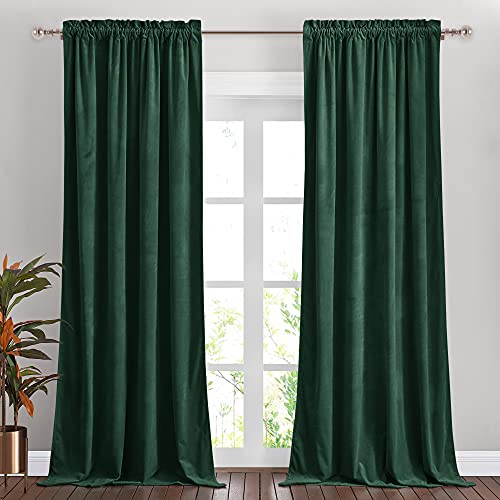 NICETOWN Green Velvet Curtains 84 inches, Thermal Insulated Heavy Matt Rod Pocket Room Darkening Drapes, Privacy Protect Panels for Living Room (Dark Green, 2 Panels)