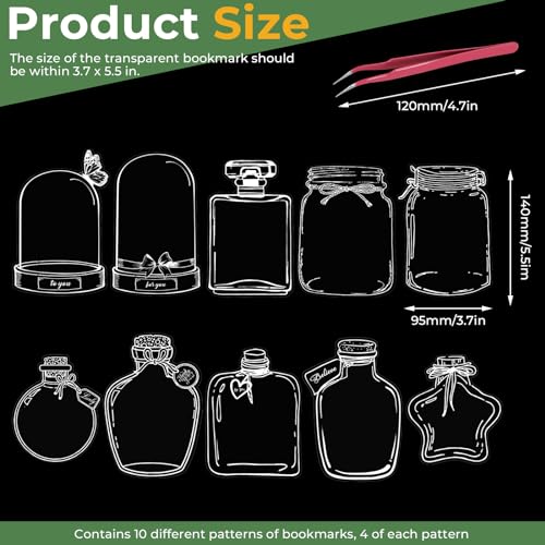DLOnline 40 Pcs Glass Bottle Shaped Bookmark & 40 Pcs Plant Sticker, Dried Flower Bookmark Kit, Clear Bookmarks for Pressed Flowers, Pressed Flowers Bookmark Set with Tweezers for DIY Bookmarks - Thumbnail 2