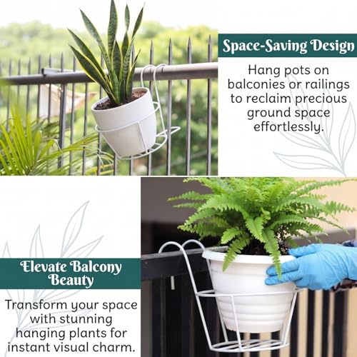Image of Anti Rust Round Hanging Planters for Balcony Grill | Metal Flowerpot Gamla Stand | Balcony Railing Planter (8, White)