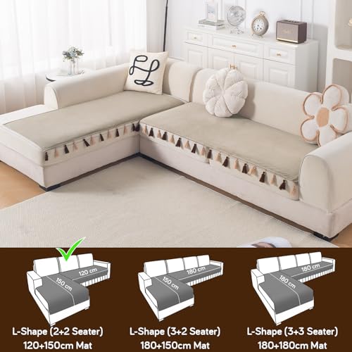 Image of HOKIPO Tassel Tone Sofa Cover L Shape 4 Seater Mat, Sand Beige
