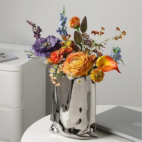 Sliver Ceramic Vase - 9.1 Inch Tall Flower Vase Minimalist Nordic Style For Home Decor, Centerpiece Vases For Wedding Dinner Table Party Living Room Office Bedroom #TOP2