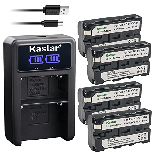 Image of Kastar 4-Pack NP-F570 Battery and LED2 USB Charger Compatible with Feelworld A737 FW278S FW279 FW279S FW450 FW568 FW703 FW759 FW760 FW1018V1 FW1018SPV1 Digital On-Camera Field Monitor