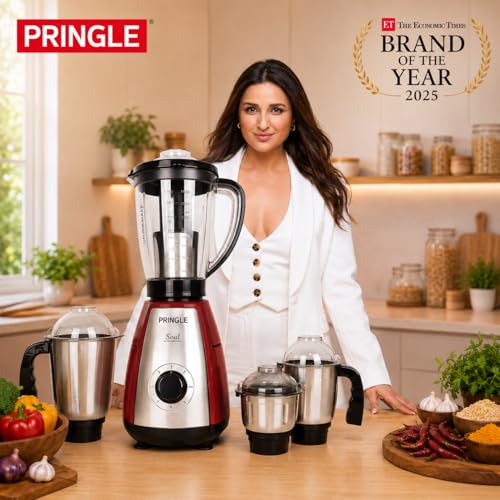 Image of Pringle Soul Maxx 750W Mixer Grinder 4 Jar | 5 Yr Warranty | 60 Min Non Stop Running | 3 SS Jars (Liquidizing, Wet & Dry Grind, Chutney Jar) 1 Juicer Jar | Copper Motor | SS Blades | Red