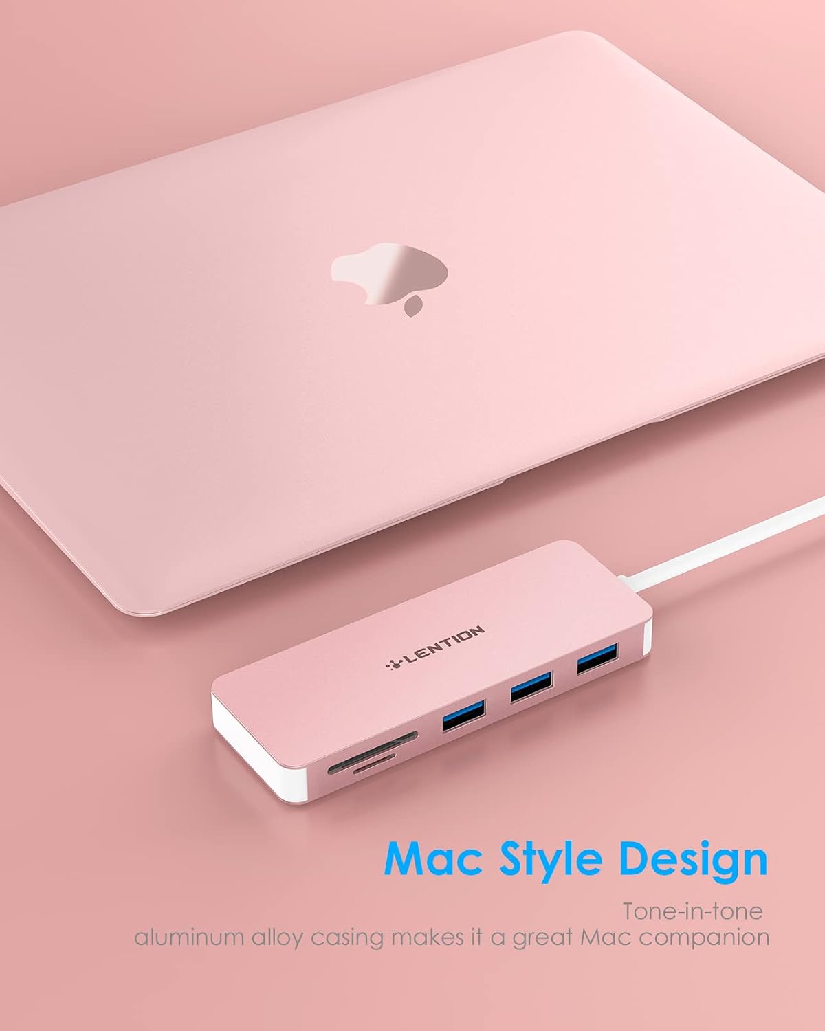 LENTION USB C Hub with 3 USB 3.0, SD/Micro SD Card Reader & Charging Compatible 2022-2016 MacBook Pro, New Mac Air/iPad/Surface/More, Stable Driver Certified Adapter (CB-C16s, Rose Gold)