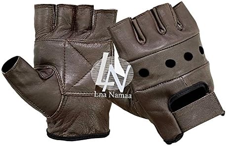 Lna Namaa Fingerless Leather Cycle Biker Gym Gloves Cycling Body building weight lifting Brown
