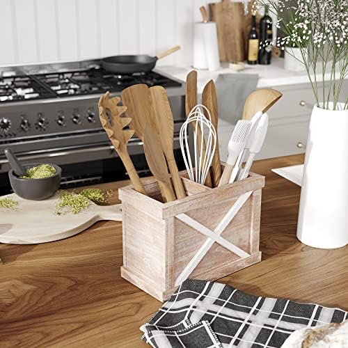 Barnyard Designs Rustic Wood Utensil Holder Caddy - Wooden Utensil Crock Storage Organizer Primitive Country Farmhouse Kitchen Decor, 24 x 17cm (White/Brown)