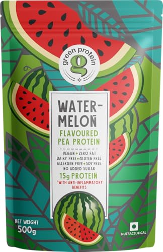 Image of GREEN PROTEIN Plant Protein Isolate Powder, Vegan Plant Protein, No Added Sugar, 100% Vegan, Soy Free, Dairy Free, Gluten Free, Allergen Free, Watermelon Flavor, 15g Protein Per Serving, Pouch (500g)
