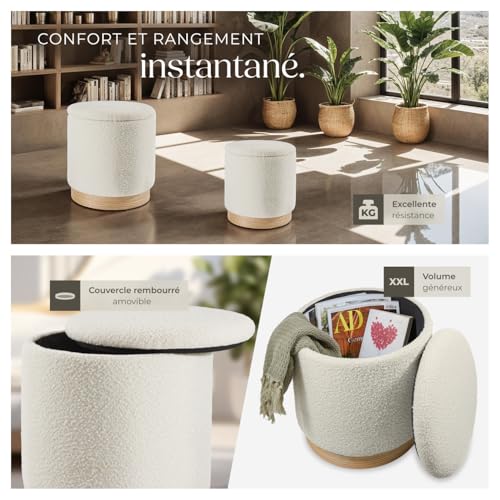 Ensemble de 2 poufs avec espace de rangement rond grand tabouret 38 x 42 cm petit tabouret 32 x 34 cm - vue 6