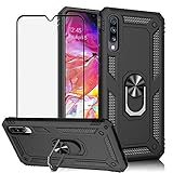 Best Share for Samsung Galaxy A70 Case & Tempered Glass Screen Protector, Rugged Hybrid Armor Anti-Scratch Shockproof Kickstand Cover Compatible Magnetic Car Mount Ring Grip, Black