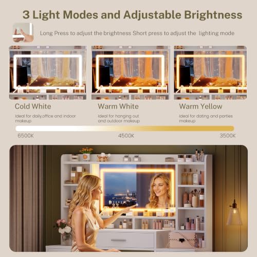 Image of FIONESO Large Vanity Desk with Mirror and Lights, 3-Color LED, Makeup Vanity with 7 Drawers, 6 Open Storage Shelves and Power Outlet, White Vanity for Girls, for Bedroom