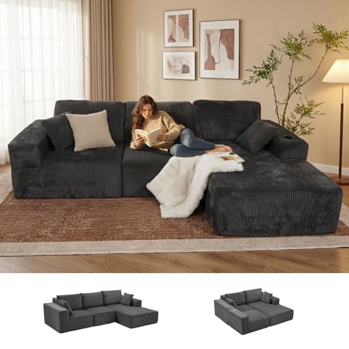 COZI 109"(277cm) Sectional Couches for Room, Modular L-Shape Cloud Couch with Chaise, Boneless Couches for Bedroom,Comfort Sponge Sofa with Deep Seat and Side Pockets (Gray, Right Facing Chaise)
