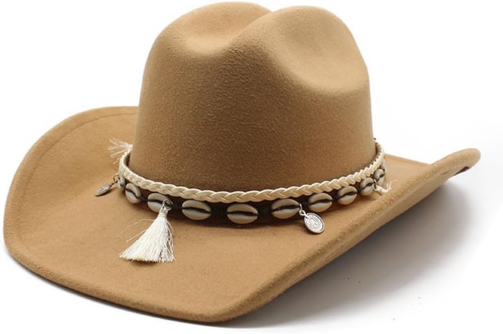 Western Felt Cowboy Hat, Dark Brown, Braided Band with Shells