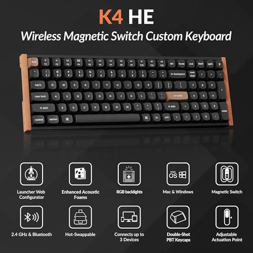 Image of Keychron K4 HE 96% Wireless Hall Effect Keyboard with Number Pad, Rapid Trigger Magnetic Switches, QMK Launcher, 2.4GHz /Bluetooth /Wired, Mac & Windows, Wood Accent Frame, Black (Non-Shine-Through)
