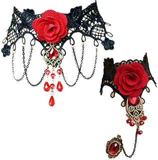 JinYu 2 Set Retro Handmade Choker Necklace and Bracelet for Women Gothic Black Lace Necklace for Halloween Punk Costume Party Royal Court Vampire Choker, lace