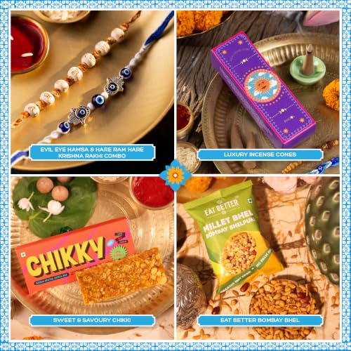 Image of Phool Bandhan Rakhi Gift Hamper for Brother | 10-Item Rakhi Gift Set with 2 Rakhis, Incense, Laddoo & Chikki | Rakhi Gift Box for Brother | Rakshabandhan Gift Hamper with Sweets
