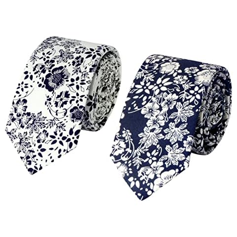 HOULIFE Floral Ties for Men - Skinny Mens Tie, Men’s Cotton Necktie, Slim Men’s Necktie for Wedding Party Casual Daily Use, 2 Pc ( White&Blue Mixed ) Cover