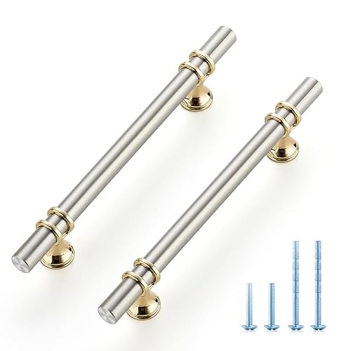 Brushed Nickel & Gold Cabinet Pulls, 5 Inch CC, 7.38 Inch, 5 Pack