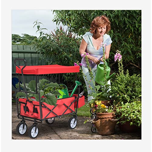 Binlingo Heavy Duty Collapsible Garden Wagon Cart, Folding Outdoor Utility Wagon With Wheels, 170 Lbs Outdoor Beach Utility Wagon Cart With Tailgates W/Removable Canopy/Adjustable Handles, Red #TOP7