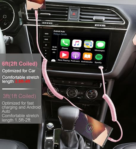 Image of USB C to C Cable 6FT, 2Pack Coiled USB C Fast Charging Cable for Car, CarPlay iPhone USB-C Cable /Android Auto USB C Cord, USB Type C Cable for iPhone 17 /16 /15 /Pro Max /Samsung Galaxy S23 and More-Pink