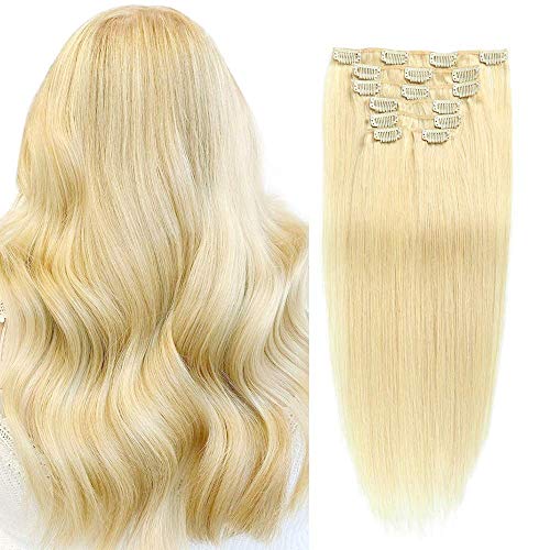 Clip in Human Hair Extensions,#613 Bleach Blonde Double Weft Human Hair Clip In Extensions 7Pcs 70g Straight Sliky Remy Hair 14inch Clip in Hair Extensions