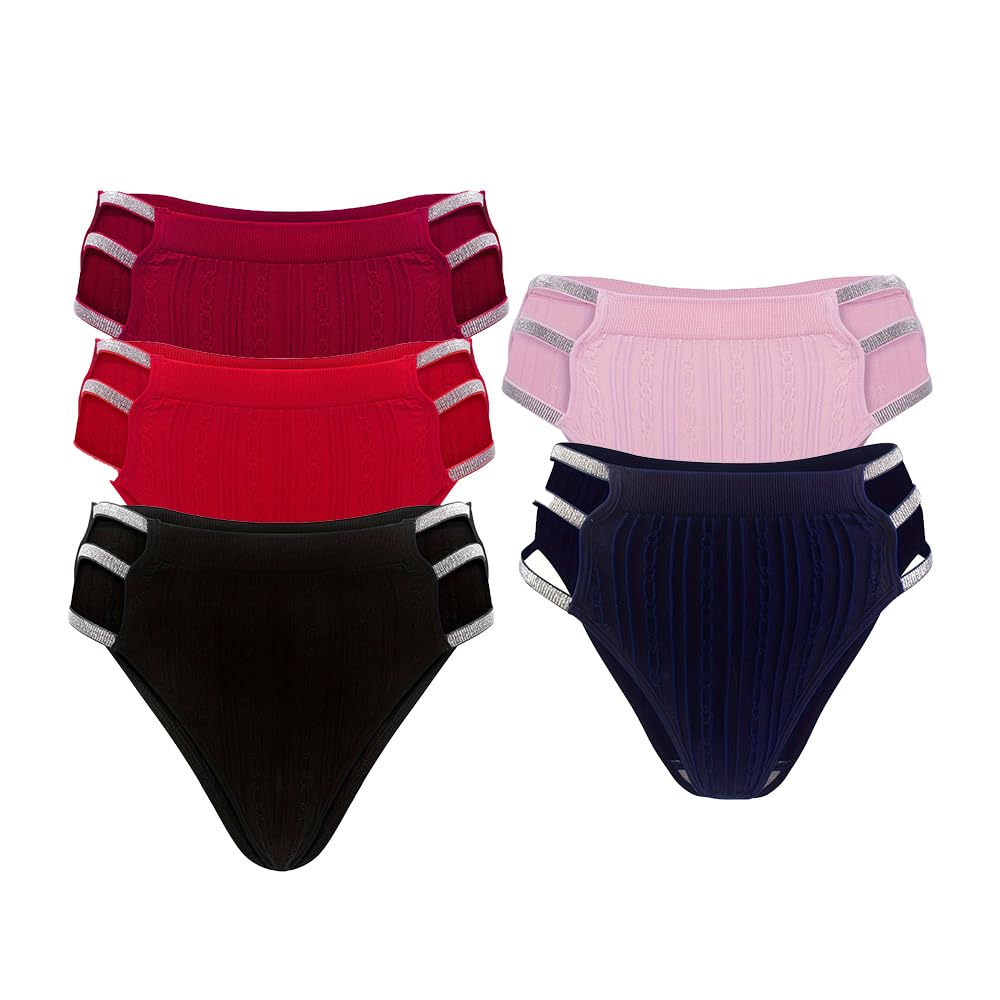 JUNELLA 5 Pcs Shiny Waistband Womens Low Rise Panties Ribbed Cotton Multicolour Sexy Hollow Out Hipster Panties